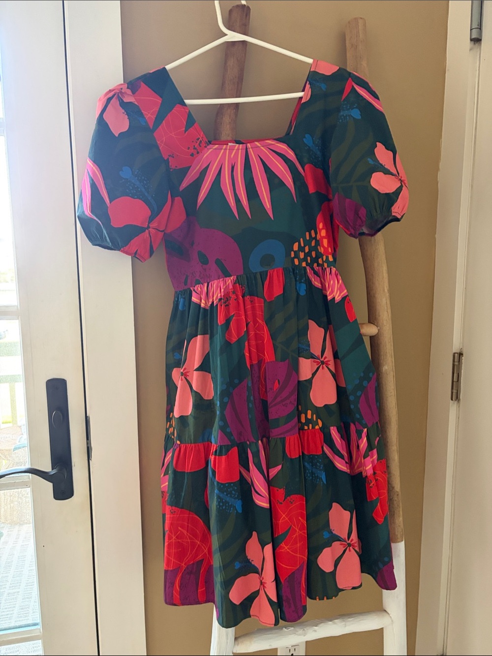 Tiered Midi Dress with Bold Floral Print in Black and Red